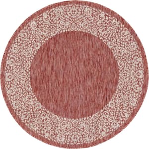 Outdoor Floral Border Rust Red 4 ft. Round Area Rug