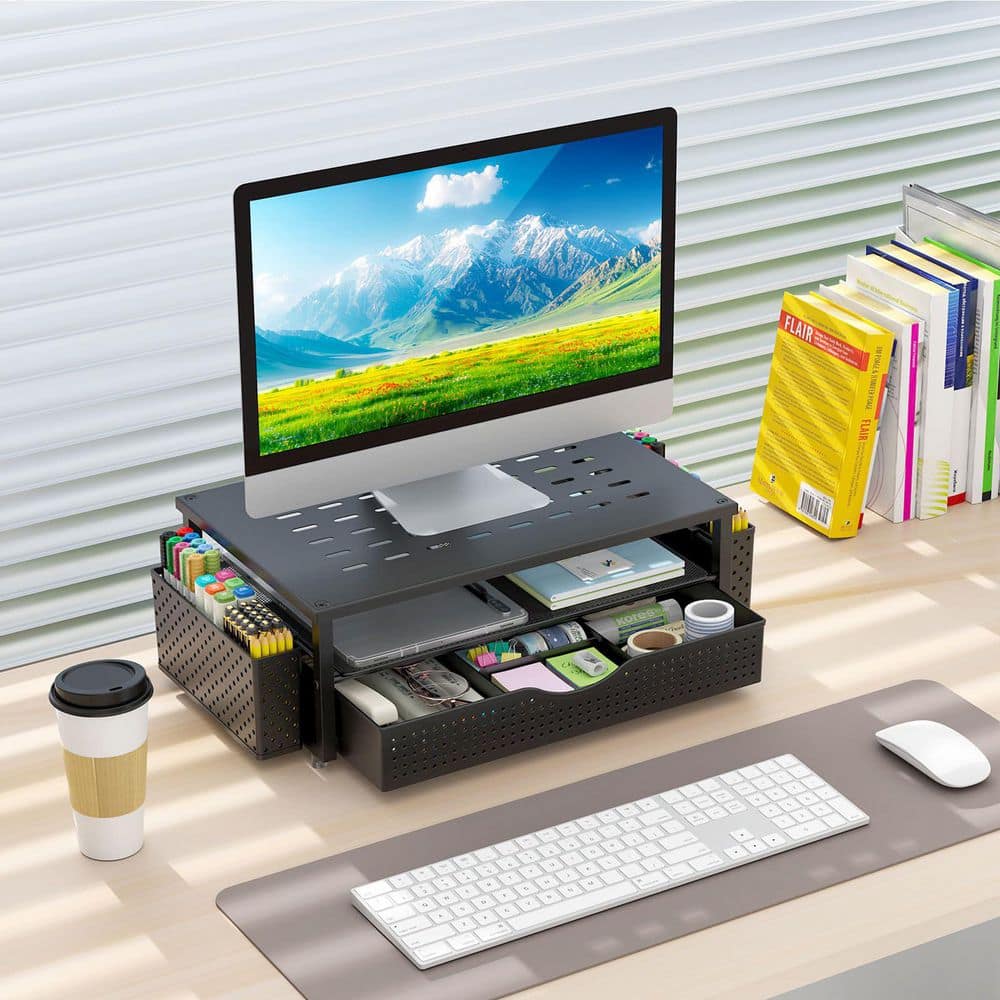 14.1 x 5.9 in. Black Alloy Steel Desktop Organizer and with Drawer and 2 Pen Holders, Decorative Stand