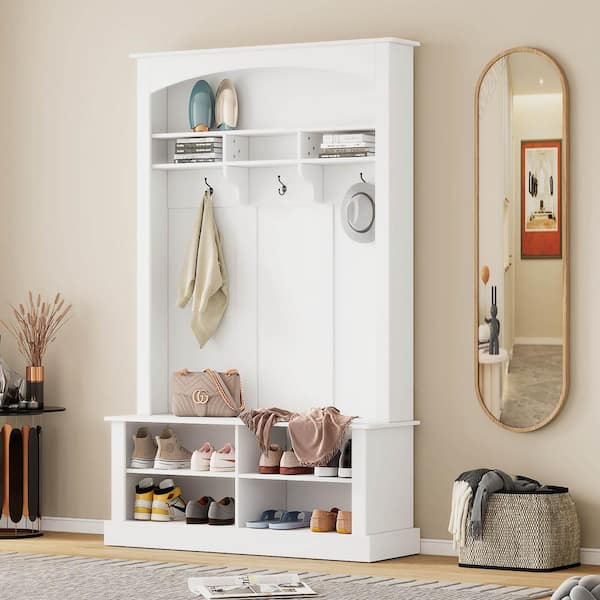 47.2 in. Wide Hall Tree with Bench and Shoe Storage, 3-Hanging Hooks, Rectangle Storage and Shelves Coat Rack, White
