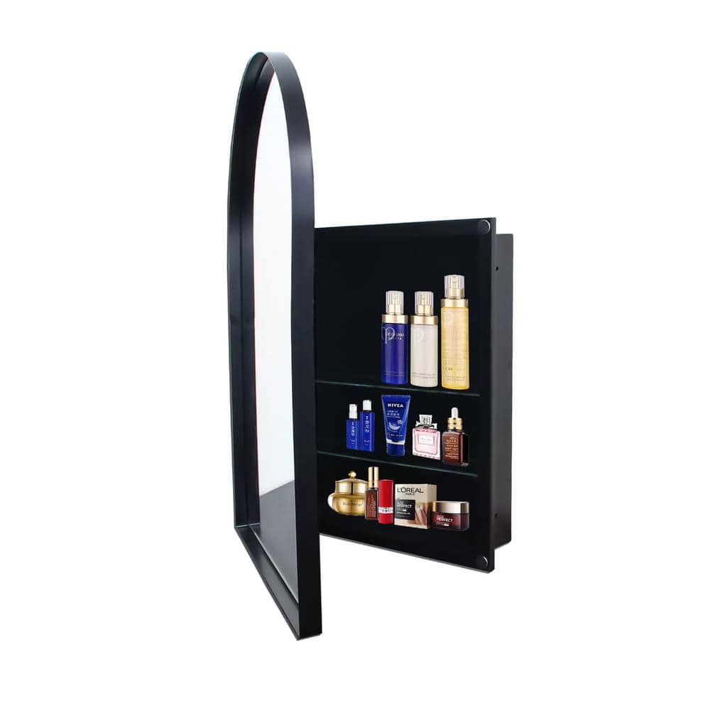 24 in. W x 36 in. H Arched Matte Black Metal Framed Medicine Cabinet with M