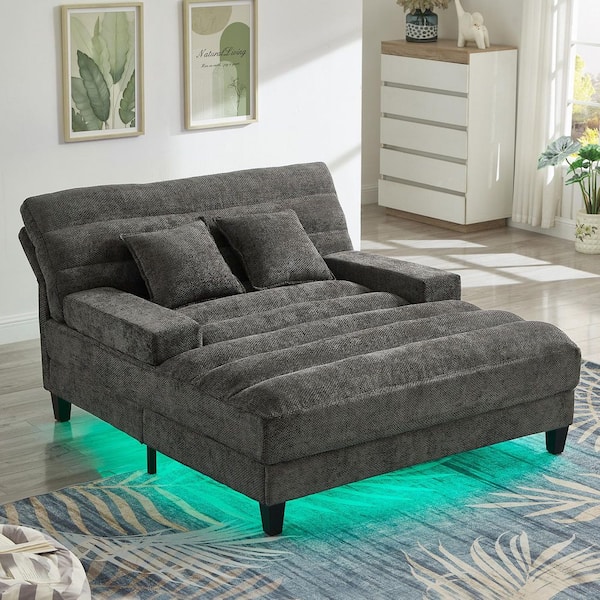 Gray 57.1 in. Modern Chenille Chaise Lounge Sofa Bed with 6-Position Adjustable Backrest, Smart Control RGB LED Light