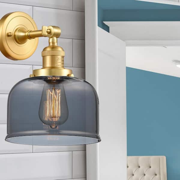 Bell 1-Light Satin Gold Wall Sconce with Gray Glass Shade