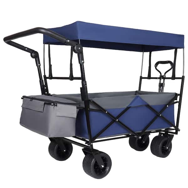8 cu. ft. Dark Blue Collapsible Steel Garden Cart with Canopy and 7 in. All-Terrain Wheels