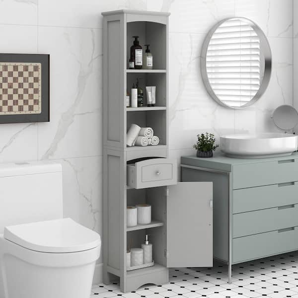 IDEAGLE 13.4 in. W x 9 in. D x 67 in. H Gray Home Freestanding Linen Cabinet Adjustable Bathroom Cabinet with Drawer and Door