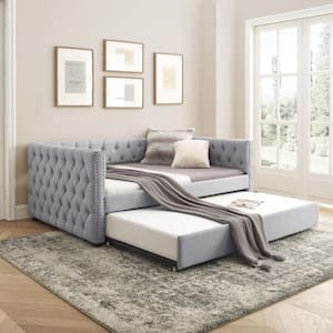 Tufted Gray Upholstered Full Size Daybed with Trundle and Copper Nail