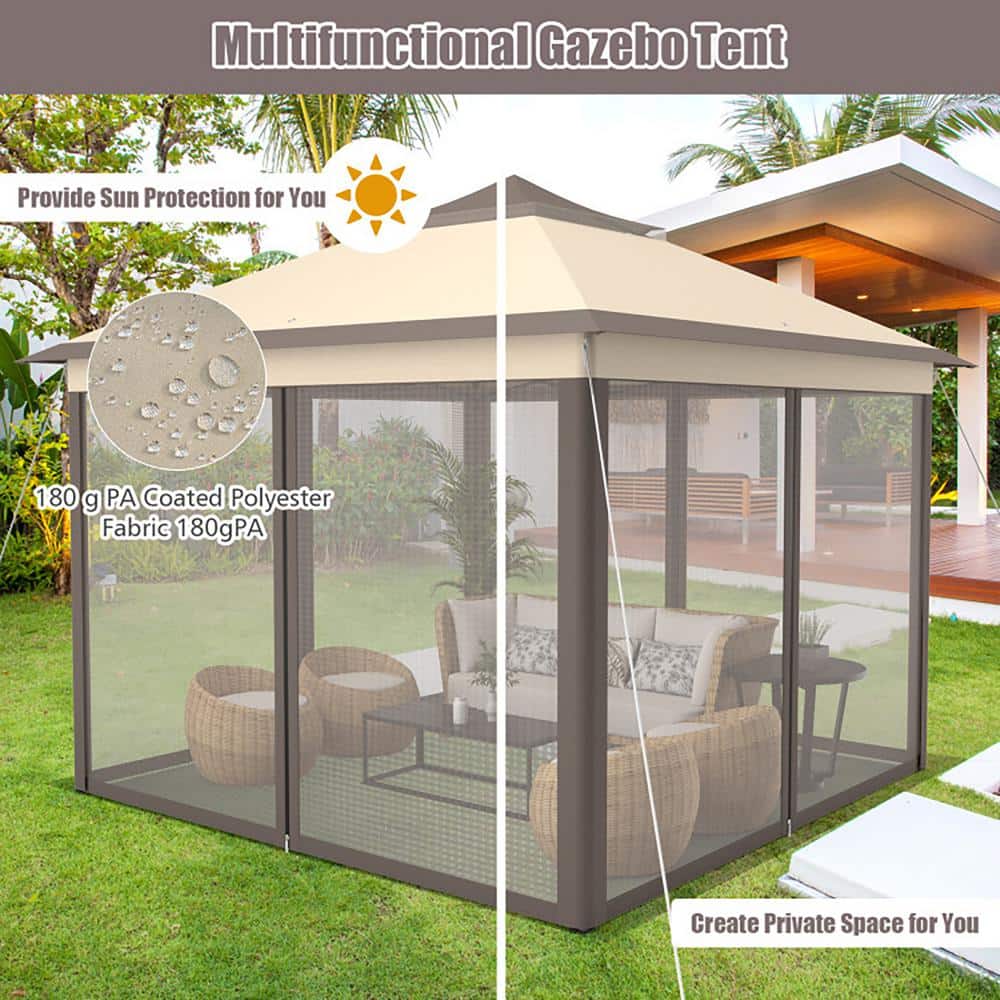 Beige and Brown 11'x11' 2-Tier Pop-Up Gazebo Tent with Mesh