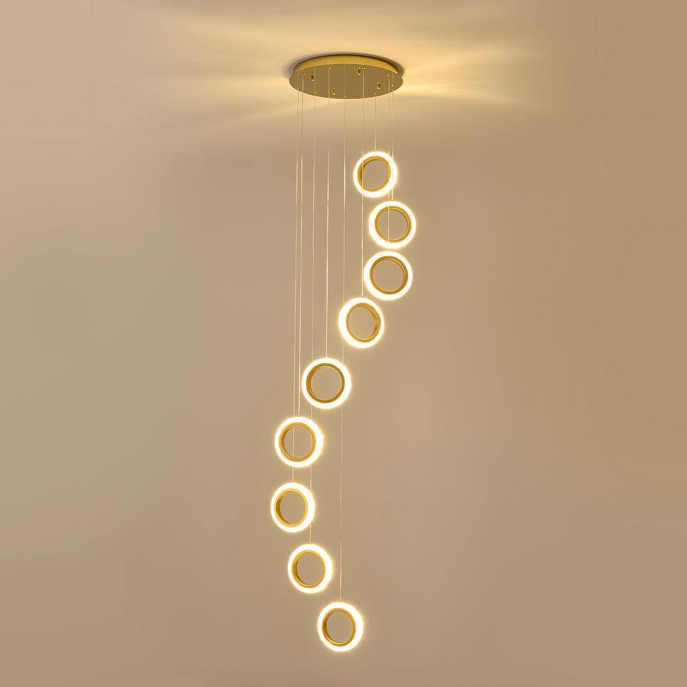 Gold Acrylic and Aluminum 9-Ring Adjustable Height Chandelier