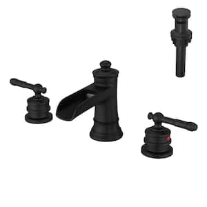 Classic 8 in. Widespread Double Handle Brass Bathroom Faucet with Pop Up Drain and Water Supply Hoses in Matte Black