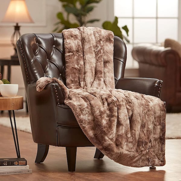 Wolf Beige Polyester Throw Blanket with Reversible Sherpa Shearling - 50 in. x 65 in.