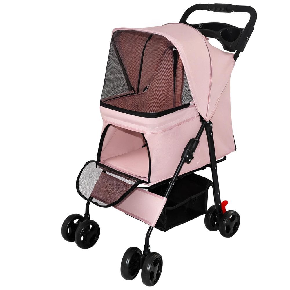 Foldable Pet Stroller for Small Dogs & Cats up to 28 lbs, 4-Wheel with Storage Basket, Tray & Safety Leashes, Pink price history on PriceWatchPro