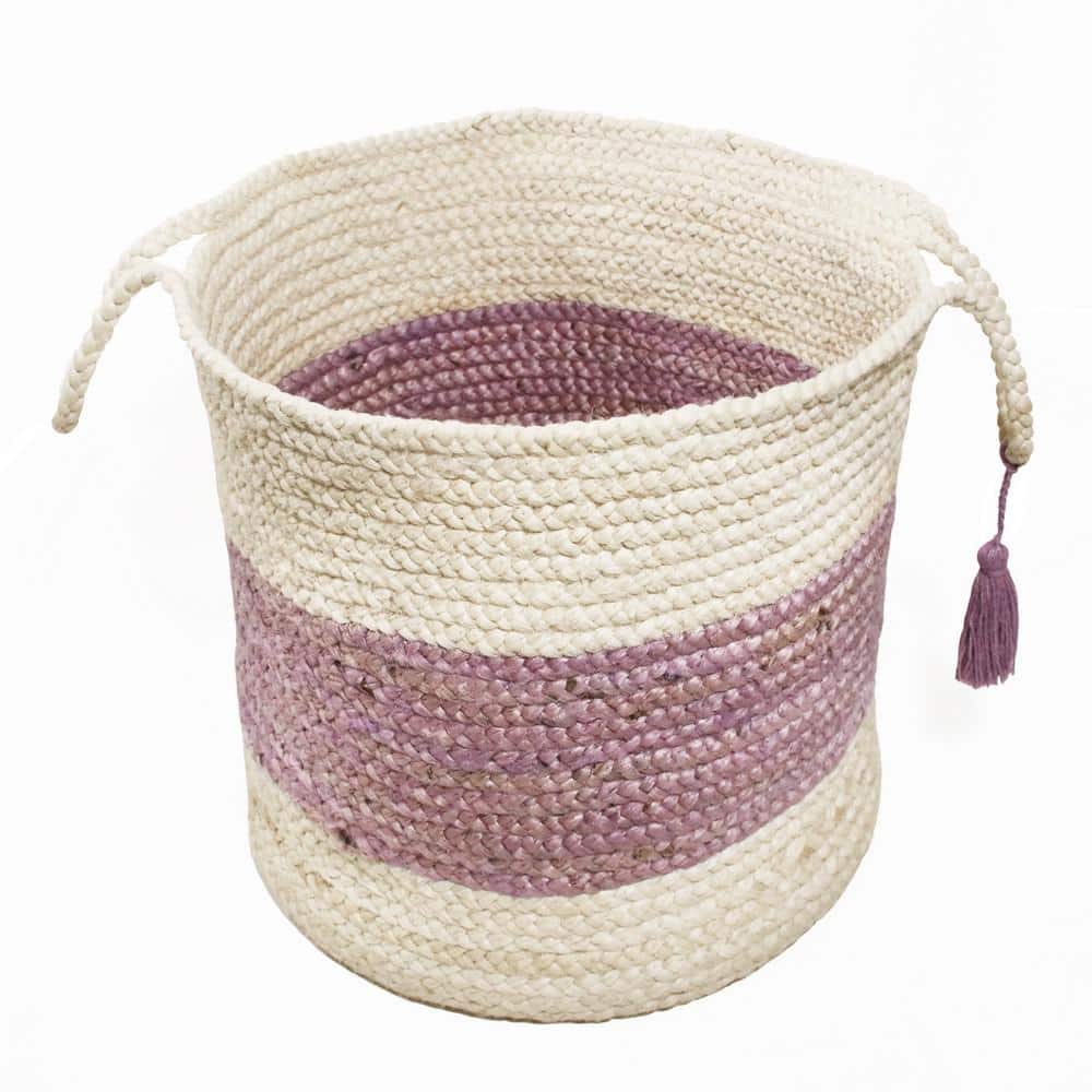 Off-White and Lilac Bold Striped 17" Jute Storage Basket