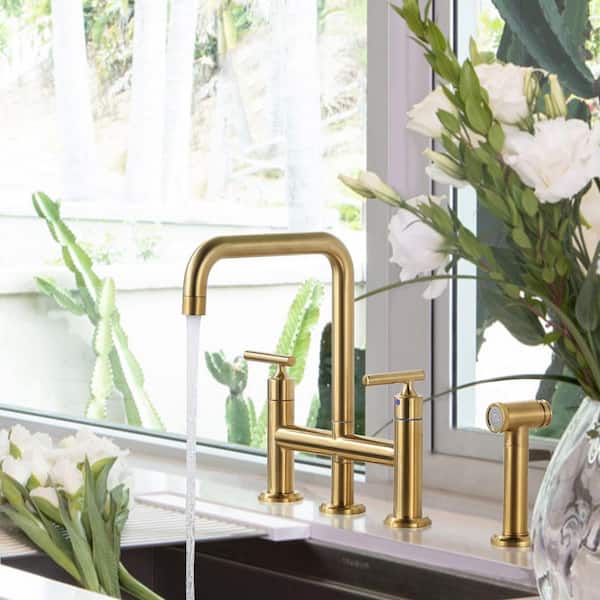 Brass Double Handle Bridge Kitchen Faucet, Deck Mount Kitchen Sink Faucet with Side Sprayer in Gold