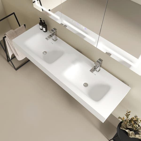 59 x 18 in. Solid Surface Wall Mount Bathroom Double Vessel Sink with Faucet Holes in Matte White