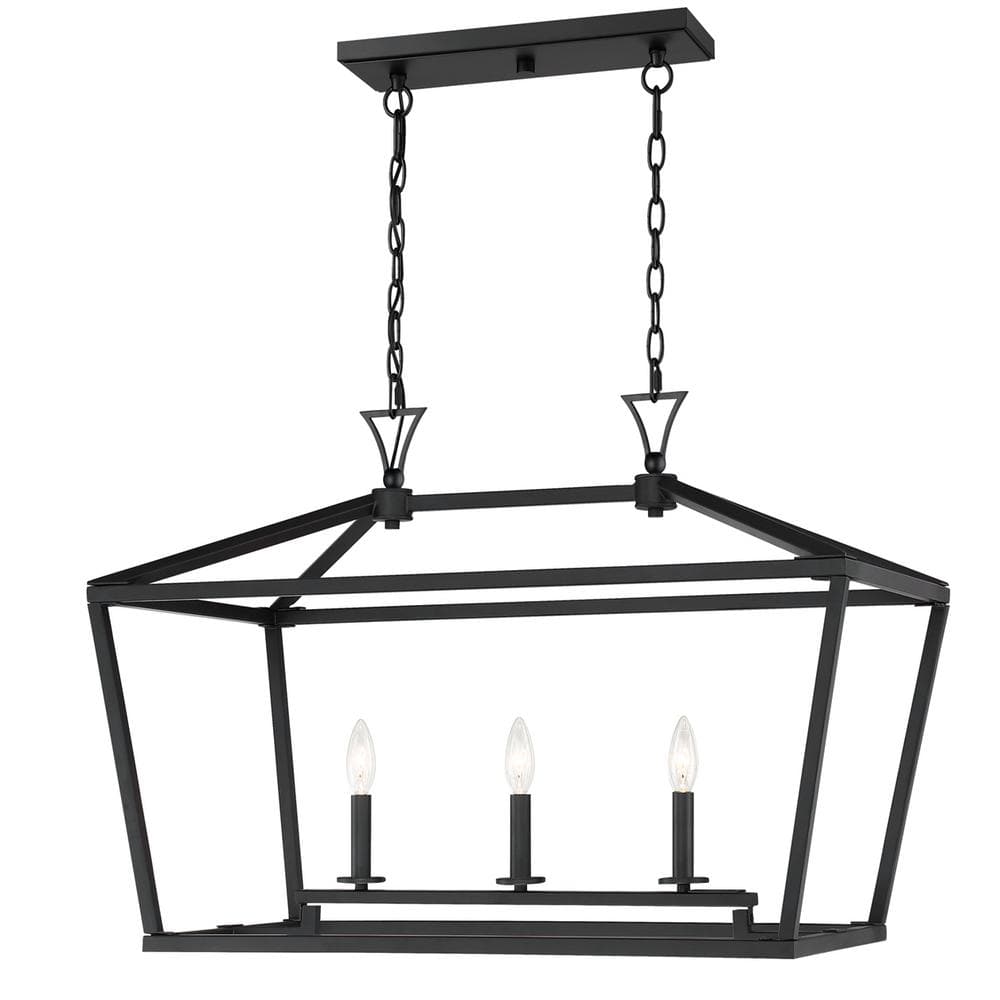 Matte Black 3-Light Linear Chandelier with Open Lantern Design