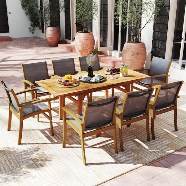 9-Piece Acacia Wood Outdoor Dining Set for 6-8 with 1.97 in. Umbrella Hole