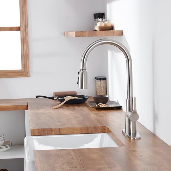 Single Handle Gooseneck Pull Down Sprayer Kitchen Faucet with Deckplate Included in Brushed Nickel