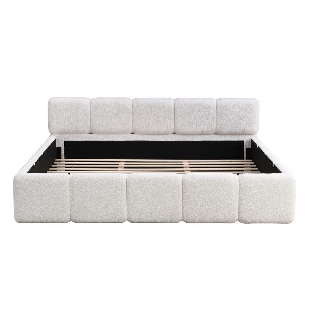 White Wood Frame King Size Upholstered Platform Bed with Boucle Thick Headboard and Footboard, Block Style - thumbnail 6