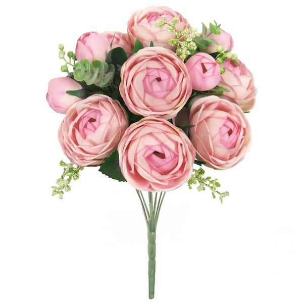 LIVING LUXURY 18 in. Light Pink Artificial Ranunculus Flower Stem Bush Bouquet (Set of 2)