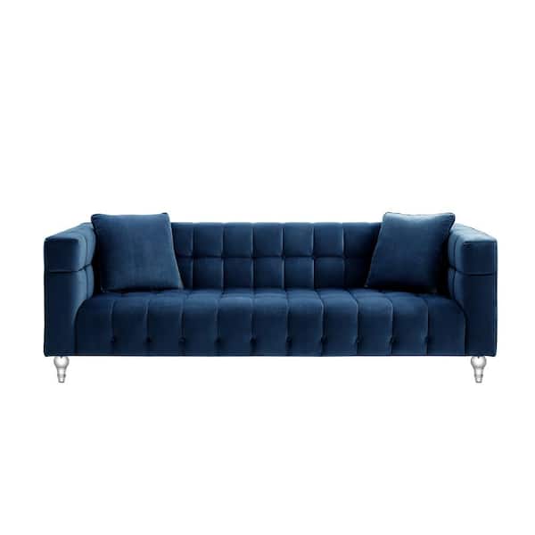 Inspired Home Jeremy 33.8 in. Navy Biscuit Tufted Velvet 4-Seat Sofa