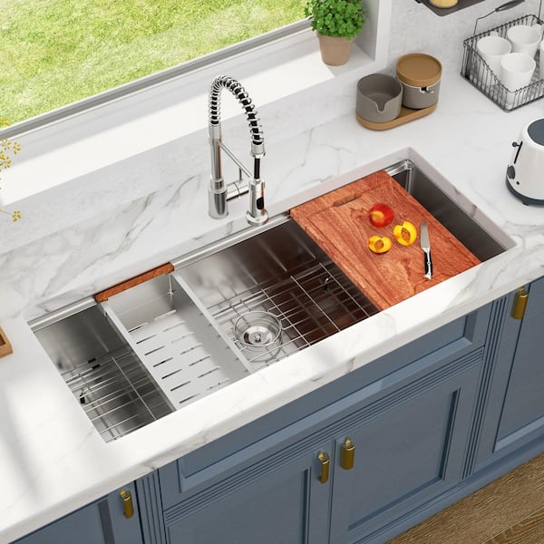 45 in. x 19 in. Undermount Single Bowl 16 Gauge Stainless Steel Workstation Kitchen Sink Bottom Grid and Strainer Basket