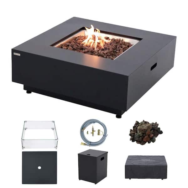 Sol Living Ashton Outdoor Fire Pit 36 in. x 36 in. Square Concrete Metal Fire Pit with Conversion Kit and Accessories