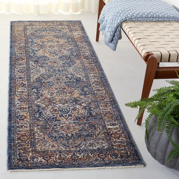 Heirloom 2 ft. x 10 ft. Navy/Ivory Border Distressed Runner Rug