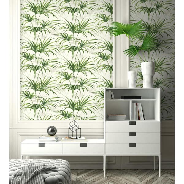 NextWall Tropical Palm Leaf Green and Off-White Vinyl Peelable