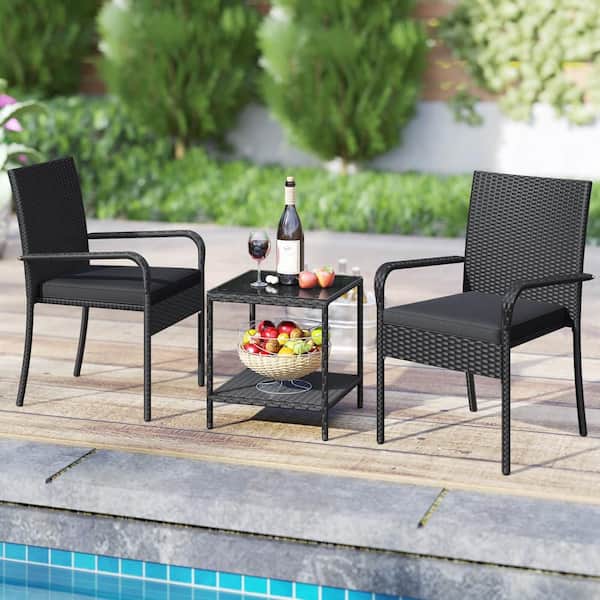 3 Piece Patio Furniture Set with 2-Tier Table Tempered Glass Tabletop and Soft Cushions Black