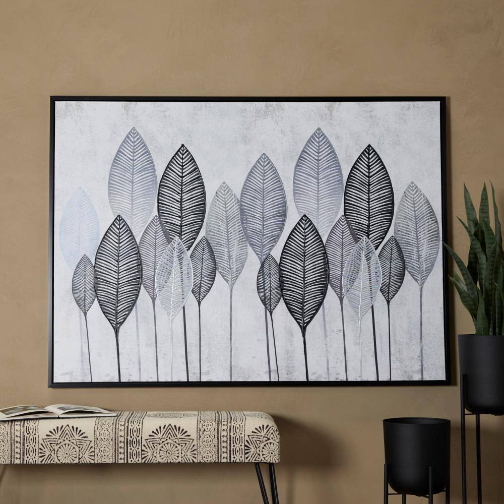 Gray and Black Abstract Leaf Canvas Wall Art with Silver Frame