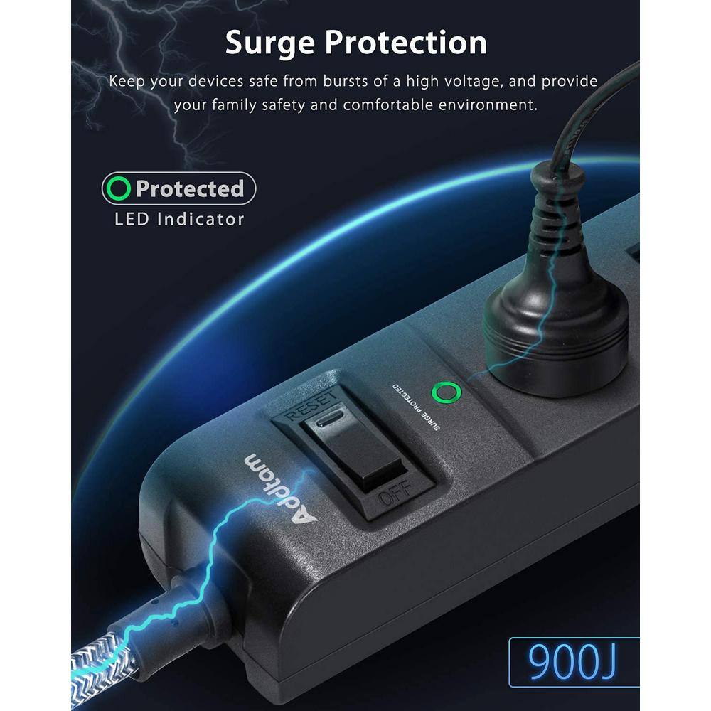 Black 6-Foot 5-Outlet Power Strip with USB Ports, 2-Pack