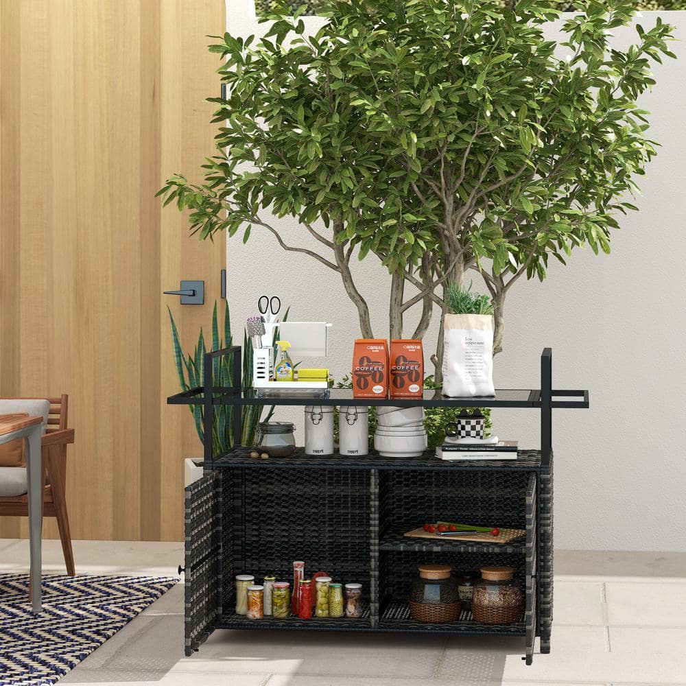 PE Wicker Outdoor Patio Garden Bar Serving Cart with Glass Top Tray, Handle