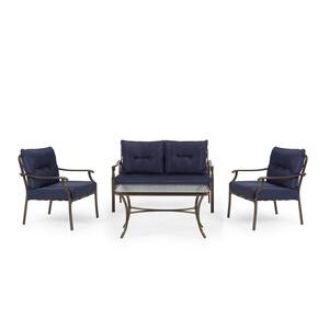 4-Piece Steel Outdoor Patio Conversation Seating Set with Navy Blue Cushions