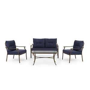 4-Piece Steel Outdoor Patio Conversation Seating Set with Navy Blue Cushions