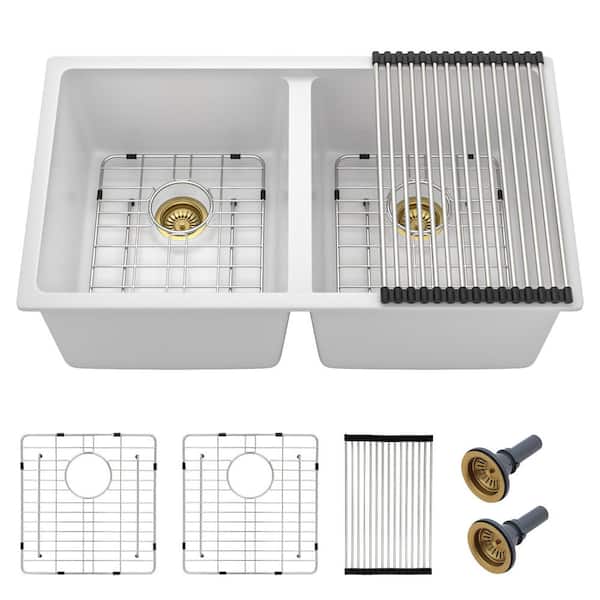 33 in. Undermount Double Bowl White Granite Composite Kitchen Sink 50/50 Quartz Under Counter Basin with Accessories