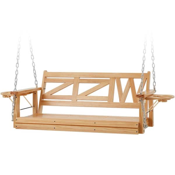 Sudzendf 2-Person Nature Wood Heavy Duty Porch Swing Bench for Adults with Hanging Chains and Upgraded Cupholders