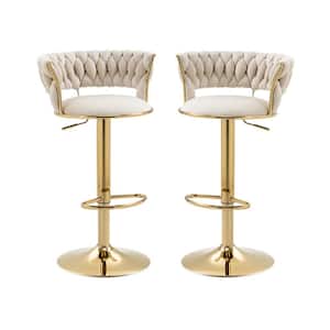 37 in. Swivel Adjustable Height Golden Metal Frame Cushioned Bar Stool with Ivory Velvet Seat (Set of 2)