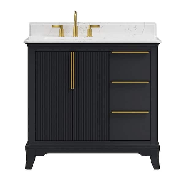 Rothen 37 in. Single Sink Freestanding Black Blue Bath Vanity with White Engineered Stone Top and Backsplash Assembled