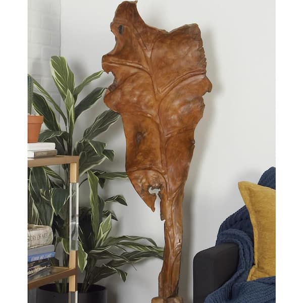 Litton Lane 10 in. x 62 in. Brown Teak Wood Handmade Live Edge Leaf Sculpture
