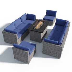 9-Piece Outdoor Wicker Patio Furniture Set with Fire Table, Dark Blue