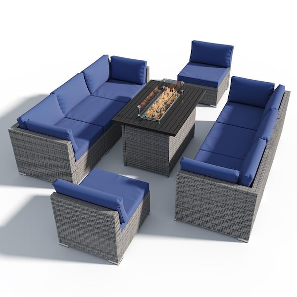 EAGLE PEAK 9-Piece Outdoor Wicker Patio Furniture Set with Fire Table, Dark Blue