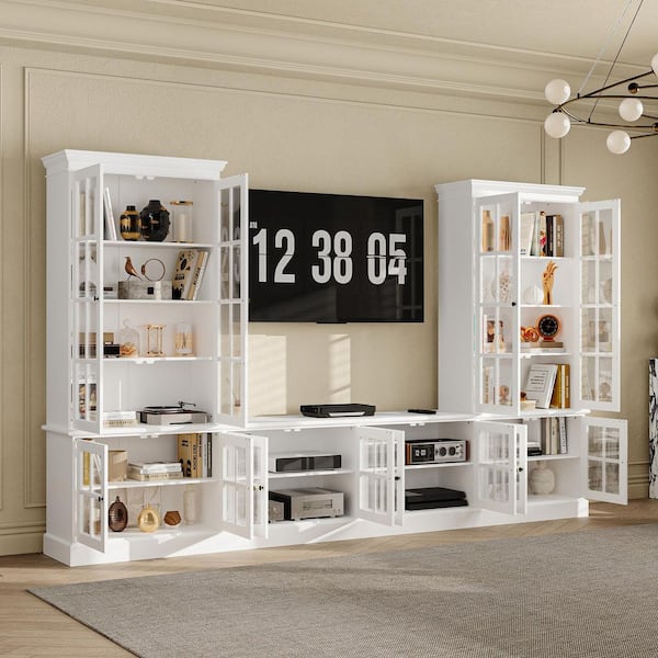 125.2 in. White Multifunctional TV Stand Entertainment Center for TVs Up to 70 in. w/ Glass Doors and Adjustable Shelves