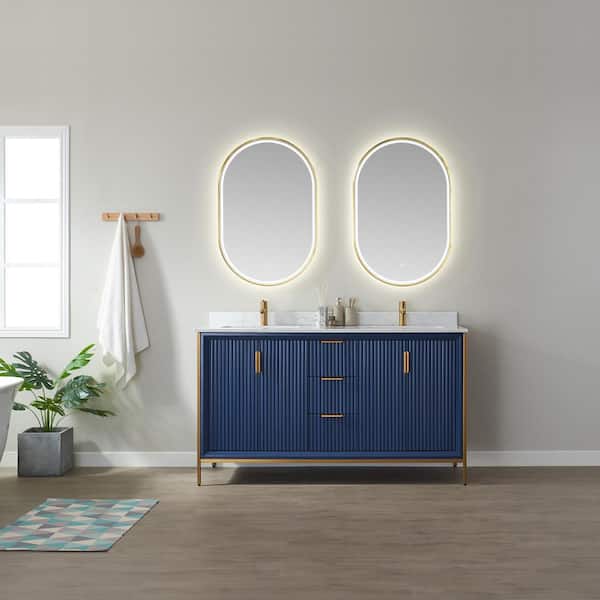 ROSWELL Granada 60 in. W x 22 in. D x 33.8 in. H Bath Vanity in Royal Blue with White Composite Stone Countertop Without Mirror