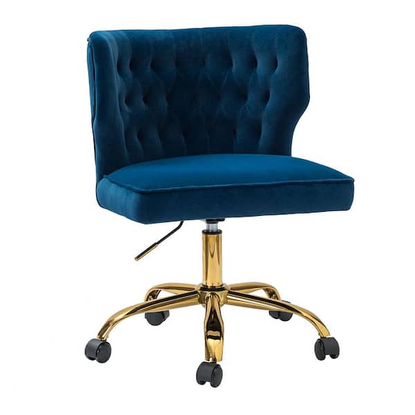 JAYDEN CREATION Rudolf Navy Tufted Upholstered Height-adjustable Swivel Ofiice Sliding Chair with Gold Metal Legs