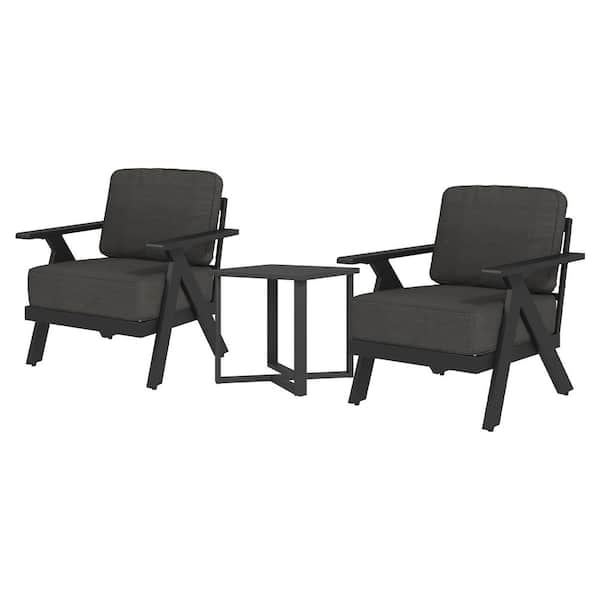 Black 3-Piece Metal Patio Conversation Set, Outdoor Lounge Chairs with Side Table and Grey Cushions