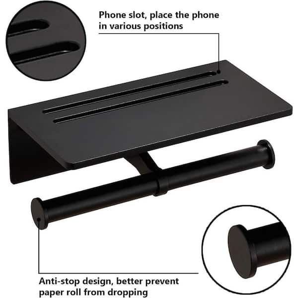 SmartHome Toilet Paper Holder with Shelf, Black Anti-rust Aluminum Tissue Roll Holder with Mobile Phone Storage Shelf for Bathroom, 3M Self Adhesive