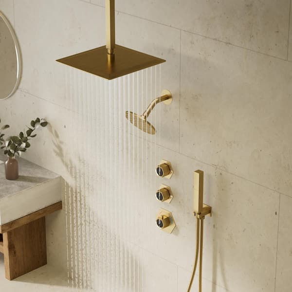 GRANDJOY FlexiRain 5-Spray Dual Ceiling Mount 12 in. Fixed and Handheld Shower Head 2.5 GPM in Brushed Gold Valve Included