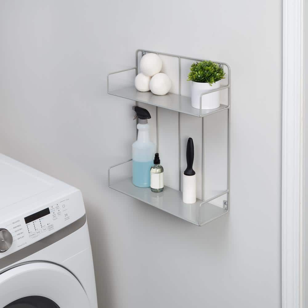 Gray Steel 2-Tier Wall Shelf with Curved Design