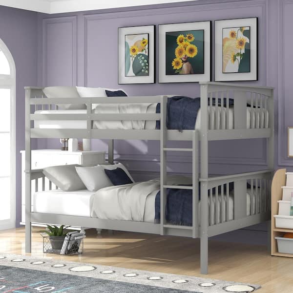 Gray Full Over Full Bunk Bed with Ladder for Bedroom, Guest Room Furniture