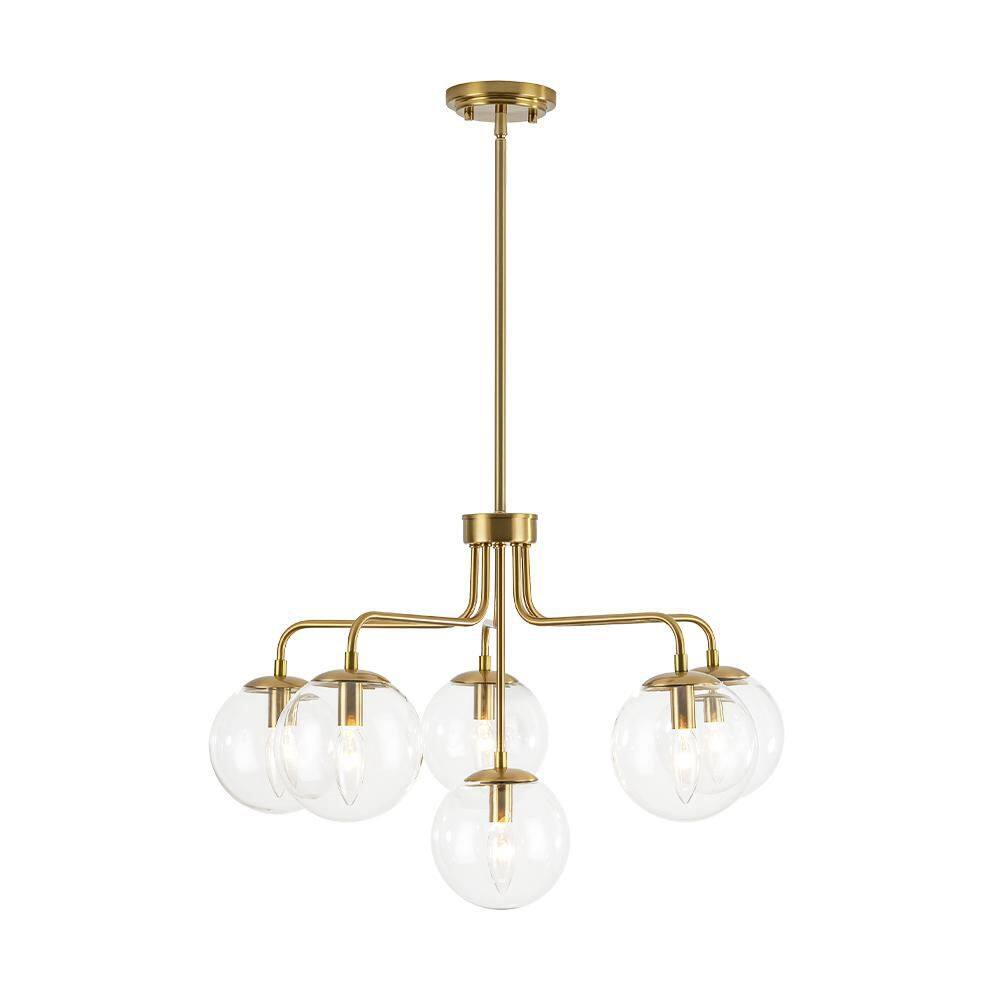 Carla 6-Light 25.2 in. W Brushed Brass Curved Arm Chandelier with Clear Glass Globes for Dining Room and Kitchen Island price history on PriceWatchPro