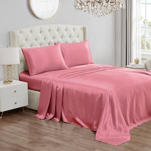 Silky Satin 4-Piece Rose Pink Solid Color Microfiber Deep Pocket Queen Sheet Set